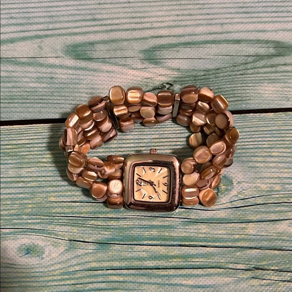 Geneva Style Women's Wrist Watch with Brown and Cream Beaded Strap